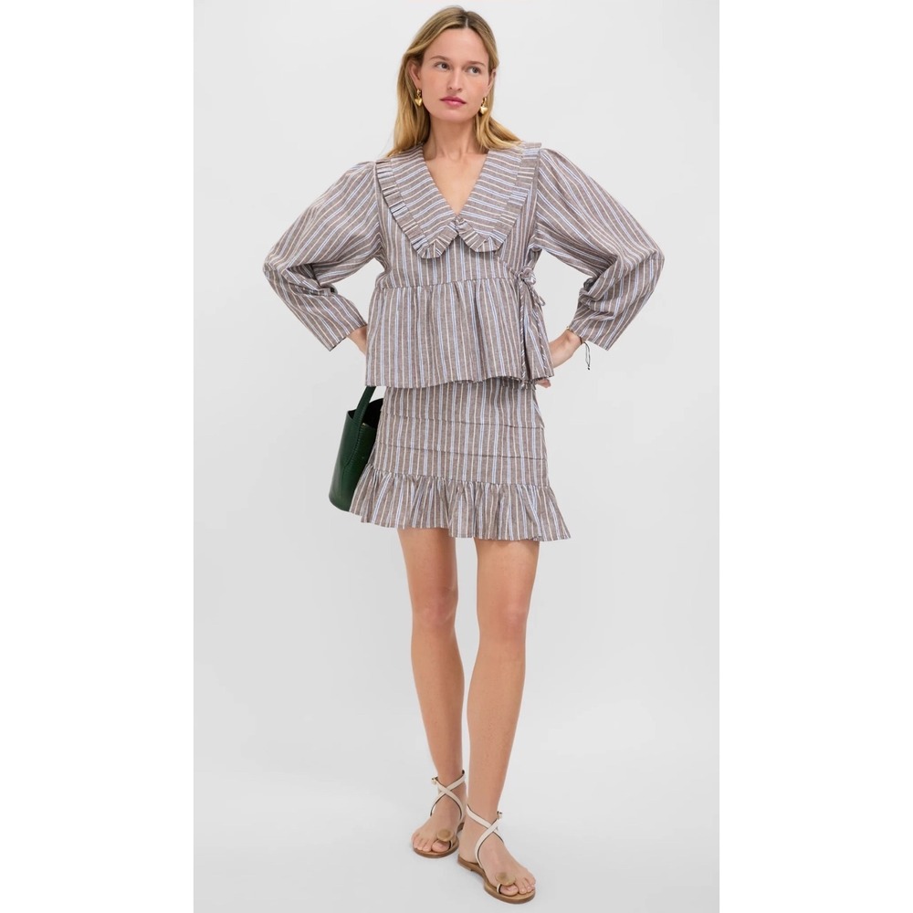 Tuckernuck Dove Stripe Linen Bethany Blouse Brown Blue Wrap Top Size L NWT - Picture 3 of 7